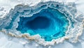 Aerial View of a Deep Blue Ice Hole in a Snowy Arctic Landscape. Lake in glacier