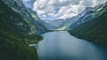 Aerial view of deep blue mountain lake in swiss alps, klontalersee switzerland Royalty Free Stock Photo