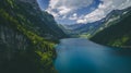 Aerial view of deep blue mountain lake in swiss alps, klontalersee switzerland Royalty Free Stock Photo