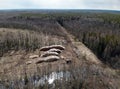 Aerial view deforestation tree cutting spring or autumn forest. Ecology.