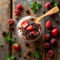 An aerial view of chocolate ice cream garnished with strawberries, chocolate shavings and mint in a plastic cup with a wooden Royalty Free Stock Photo