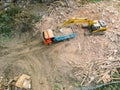 Aerial view of demolition site. excavator clearing out redevelop