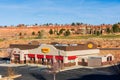 Aerial view of Denny`s restaurants exterior. Empty parking lot. - Page, Arizona, USA - 2020