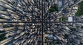 Aerial view of a densely packed cityscape featuring numerous tall skyscrapers