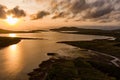 Aerial view of Derreen river along the Ring of Kerry route. Rugged coast of on Iveragh Peninsula on sunset, County Kerry, Ireland
