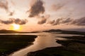 Aerial view of Derreen river along the Ring of Kerry route. Rugged coast of on Iveragh Peninsula on sunset, County Kerry, Ireland