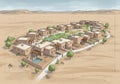 Aerial view of a desert resort with multiple rectangular adobe-style buildings Royalty Free Stock Photo