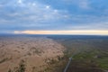 Aerial view of desertification land at dusk