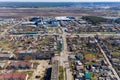 The aerial view of the destroyed and burnt buildings. The buildings were destroyed by russian rockets and mines. The Ukrainian