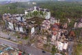 The aerial view of the destroyed and burnt buildings. The buildings were destroyed by russian rockets and mines. The Ukrainian