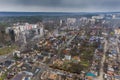 The aerial view of the destroyed and burnt buildings. The buildings were destroyed by russian rockets and mines. The Ukrainian