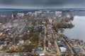 The aerial view of the destroyed and burnt buildings. The buildings were destroyed by russian rockets and mines. The Ukrainian