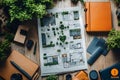 detailed architectural blueprint with greenery surrounded by office supplies and natural elements on wooden surface workspace Royalty Free Stock Photo