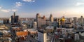 Aerial view of Detroit downtown under evening sunlight. Second biggest metropolitan area in American mid west