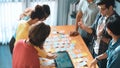 Aerial view of developer team discussing and show digital program. Symposium. Royalty Free Stock Photo