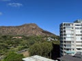 Aerial view of Diamond head and Kapiolani Park with moon in sky