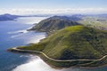 Aerial view of Diamond Valley Lake and Hemet cityscape and wild flower blossom