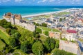 Aerial view of Dieppe town, the fishing port on the English Channel, at the mouth of Arques river. Chateau de Dieppe.