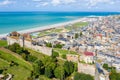 Aerial view of Dieppe town, the fishing port on the English Channel, at the mouth of Arques river. Chateau de Dieppe.