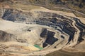 An aerial view of the dikes and terraces at an open pit copper mine.