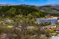 Aerial view of Dilijan town in Armenia showing colorful Dilijan hospital building