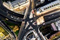 Aerial view directly above a busy inner city street junction