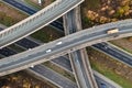 Aerial view directly above a complex motorway road layout in the UK countryside Royalty Free Stock Photo