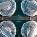 Aerial view directly above Hallam University Students' Union building The Hubs