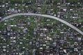 Aerial view directly above a packed inner city cemetery