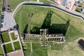 An aerial view directly above Whitby Abbey in North Yorkshire