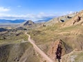 Aerial view of dirt roads on the plateau around Mount Ararat, breathtaking landscapes, winding roads. Eastern Turkey