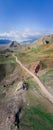 Aerial view of dirt roads on the plateau around Mount Ararat, dirt roads, winding roads between rocky peaks and hills.