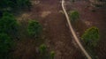 Aerial view of dirt track in pind forest in northern of thailand