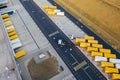 Aerial view of the distribution center, drone photography of the industrial logistic zone. Royalty Free Stock Photo