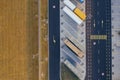 Aerial view of the distribution center, drone photography of the industrial logistic zone.