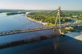 Aerial view of Dnipro river and Moskovskiy bridge in city of Kyiv, Ukraine