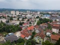 Aerial view of Doboj downtown from medieval fortress Gradina during overcast summer day