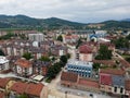 Aerial view of Doboj downtown from medieval fortress Gradina during overcast summer day