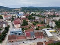 Aerial view of Doboj downtown from medieval fortress Gradina during overcast summer day