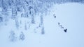 Aerial view of dogsledding in the arctic winter of Finnish Lapland.