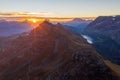 Aerial view of the Dolomites mountain range and Lake Fedaia during dawn. South Tyrol Italy in the fall.