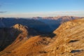 Aerial view of the Dolomites mountain range and Lake Fedaia during dawn. South Tyrol Italy in the fall.