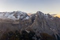 Aerial view of the Dolomites mountain range and Lake Fedaia during dawn. South Tyrol Italy in the fall.