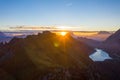 Aerial view of the Dolomites mountain range and Lake Fedaia during dawn. South Tyrol Italy in the fall.