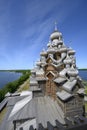 Aerial view of domes and crosses of medieval wooden Church of the Transfiguration of the Lord built in 1714 on Kizhi Island on Royalty Free Stock Photo