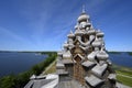 Aerial view of domes and crosses of medieval wooden Church of the Transfiguration of the Lord built in 1714 on Kizhi Island on Royalty Free Stock Photo