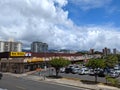 Aerial view of Don Quijote Supermarket and parking lot with cars in Honolulu, Hawaii