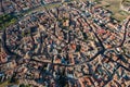 Aerial view of Don Quixote windmills village of Consuegra and surrounding farmland, Spain