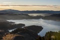 Aerial view of Dospat dam in Rhodope Mountains,.Bulgaria during sunrise . Royalty Free Stock Photo
