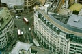 Aerial view of double-decker bus on London streets